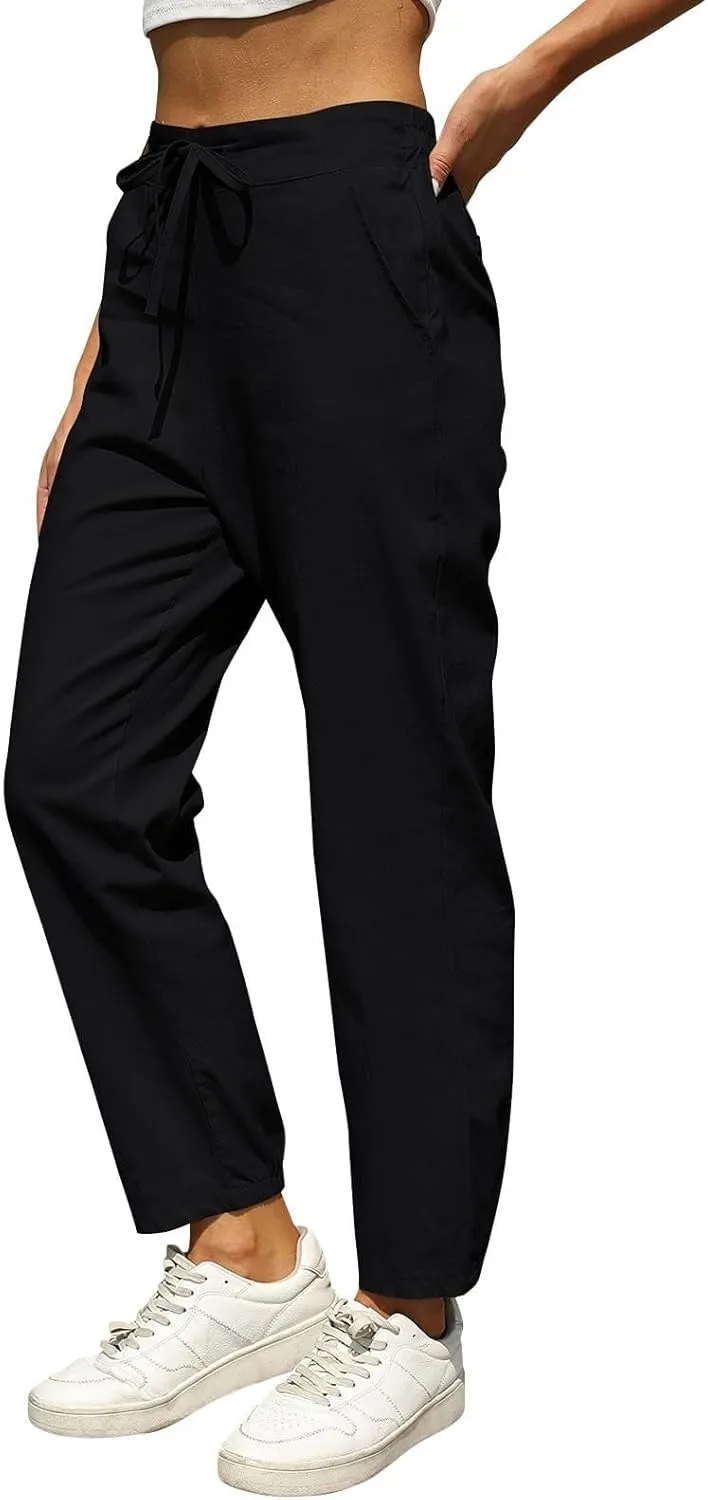 Summer Linen Pants for Women Drawstring Elastic High Waisted Casual Pants Loose Fit Beach Lounge Trousers with Pocket