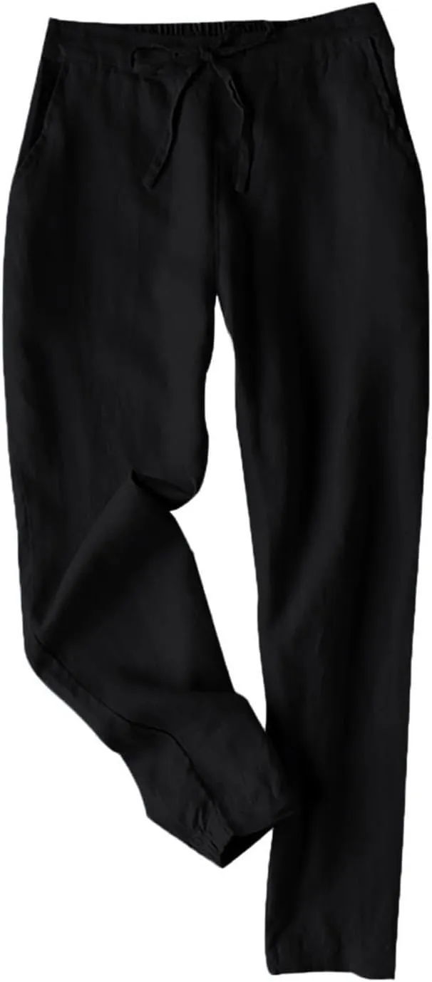 Summer Linen Pants for Women Drawstring Elastic High Waisted Casual Pants Loose Fit Beach Lounge Trousers with Pocket