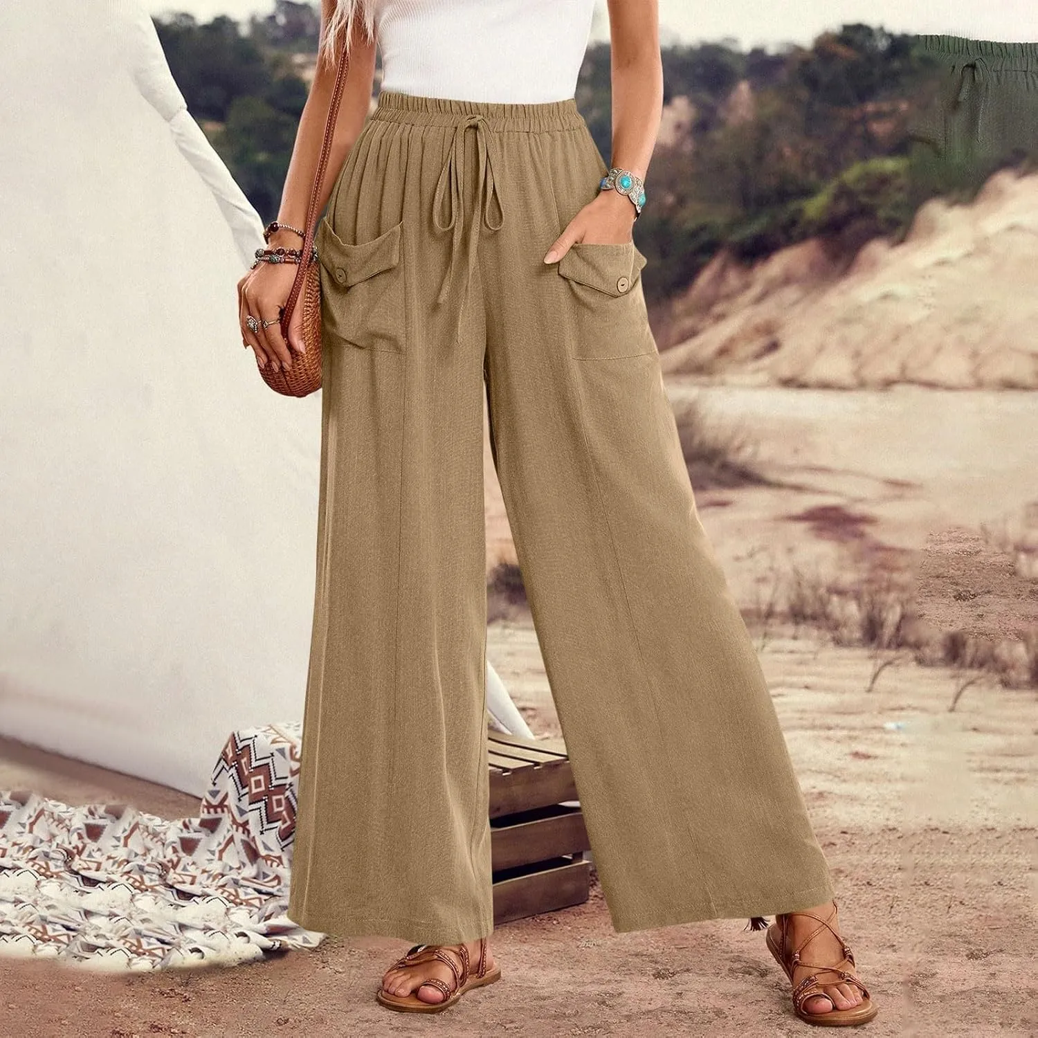 Summer Pants for Women Casual Loose Fit Linen Cropped Capri Pants 2025 Lightweight Drawstring Waist Trousers