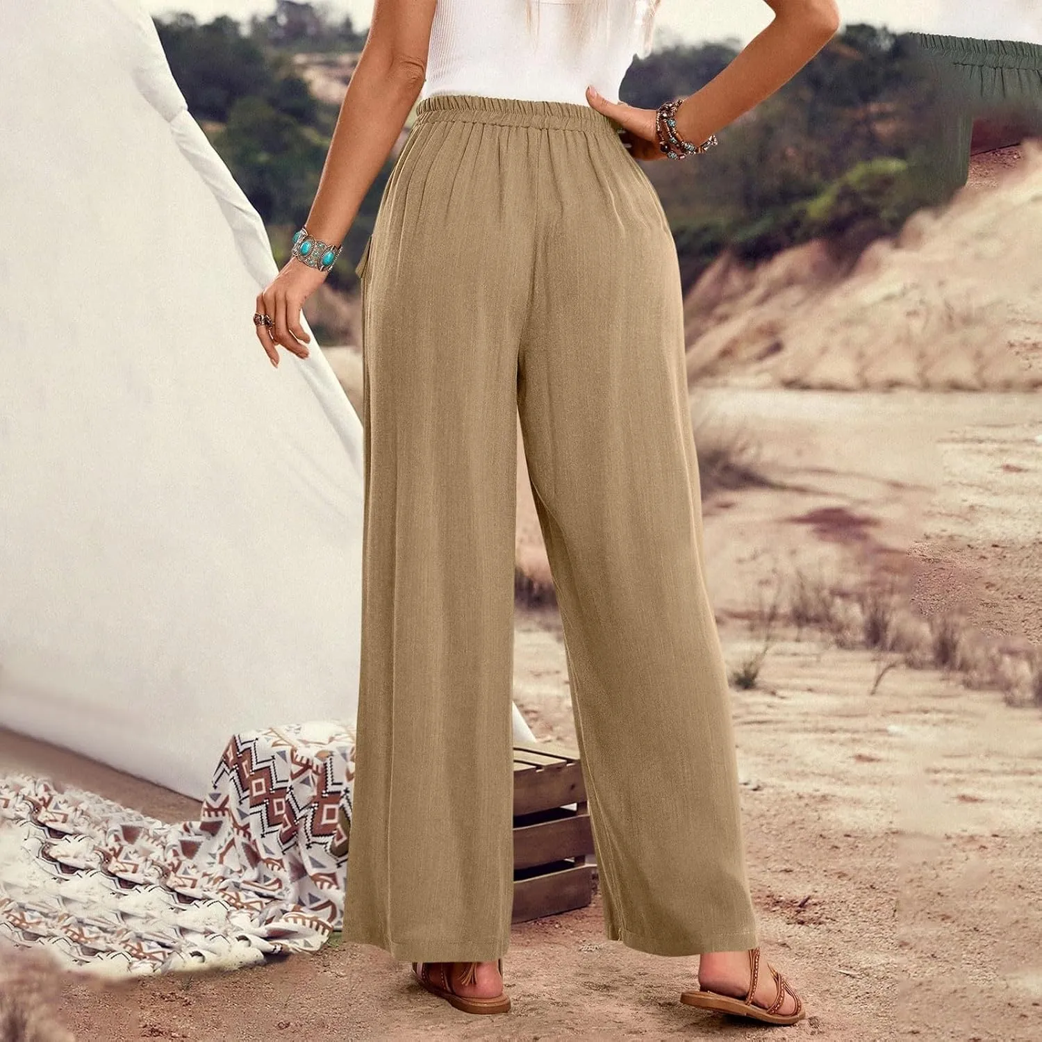 Summer Pants for Women Casual Loose Fit Linen Cropped Capri Pants 2025 Lightweight Drawstring Waist Trousers