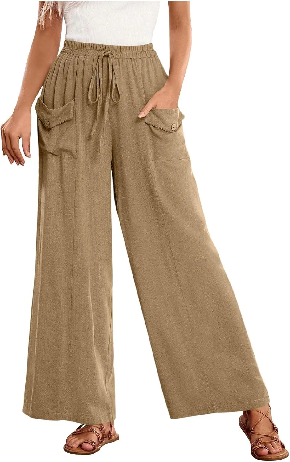 Summer Pants for Women Casual Loose Fit Linen Cropped Capri Pants 2025 Lightweight Drawstring Waist Trousers