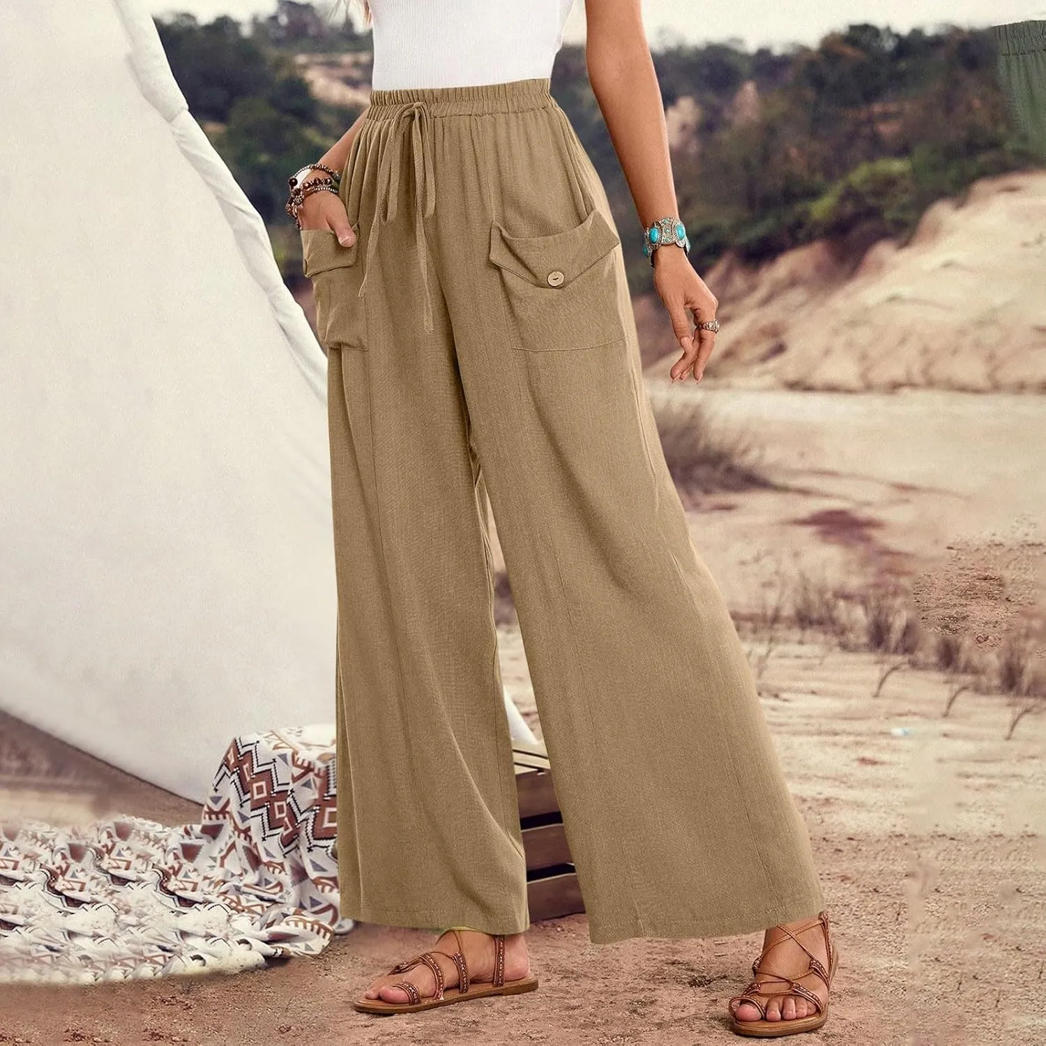 Summer Pants for Women Casual Loose Fit Linen Cropped Capri Pants 2025 Lightweight Drawstring Waist Trousers