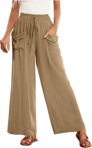 Summer Pants for Women Casual Loose Fit Linen Cropped Capri Pants 2025 Lightweight Drawstring Waist Trousers