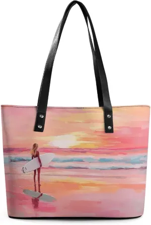 Surfer Girl on The Beach at Sunset Women Soft Leather Handbags Tote Purses Shoulder Bucket Bags