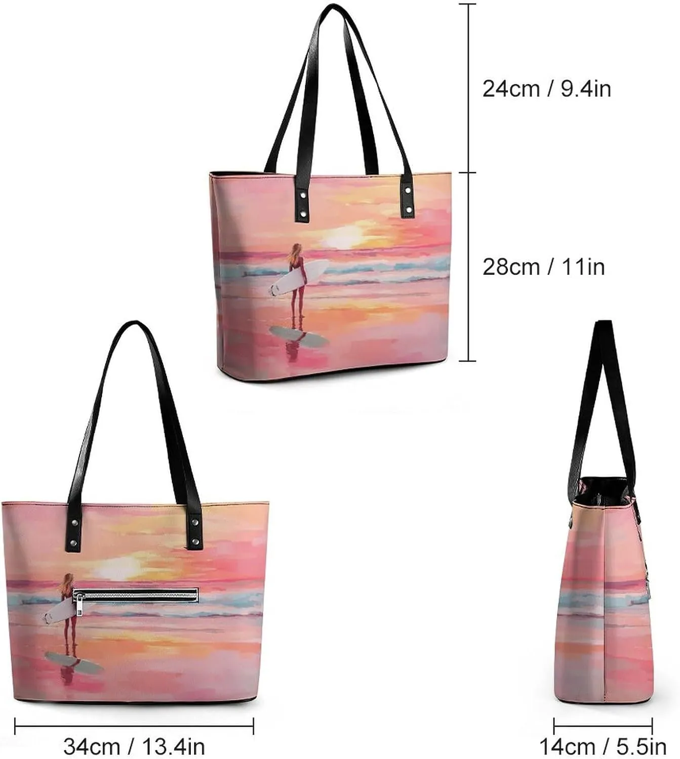 Surfer Girl on The Beach at Sunset Women Soft Leather Handbags Tote Purses Shoulder Bucket Bags