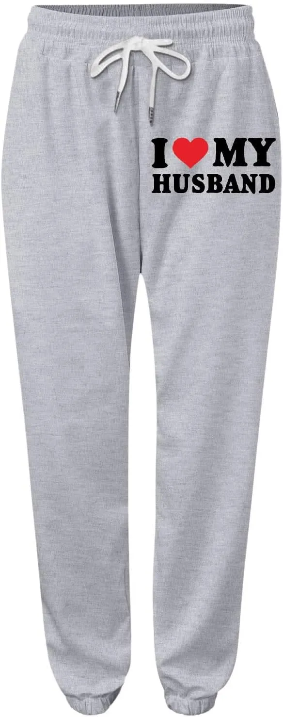 Sweatpants for Tall Women I Love My Husband Letter Print Drawstring Lounge Jogger Pants High Waist Baggy Trousers with Pocket
