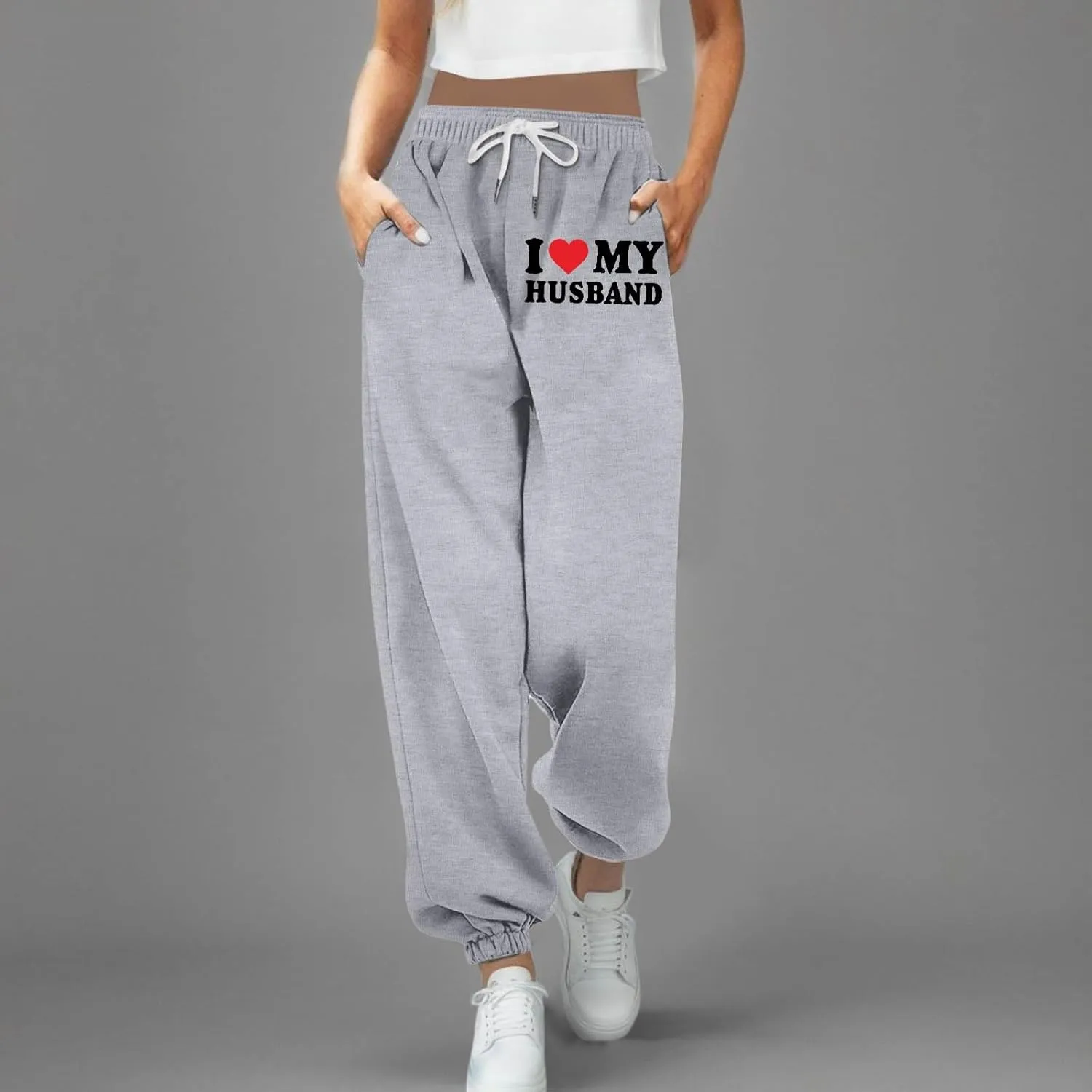 Sweatpants for Tall Women I Love My Husband Letter Print Drawstring Lounge Jogger Pants High Waist Baggy Trousers with Pocket