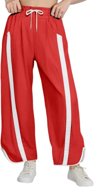 Sweatpants Women Stripe Plus Size Drawstring High Waist Casual Palazzo Pants Straight Wide Leg Trousers with Pocket