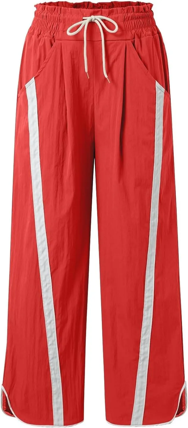 Sweatpants Women Stripe Plus Size Drawstring High Waist Casual Palazzo Pants Straight Wide Leg Trousers with Pocket