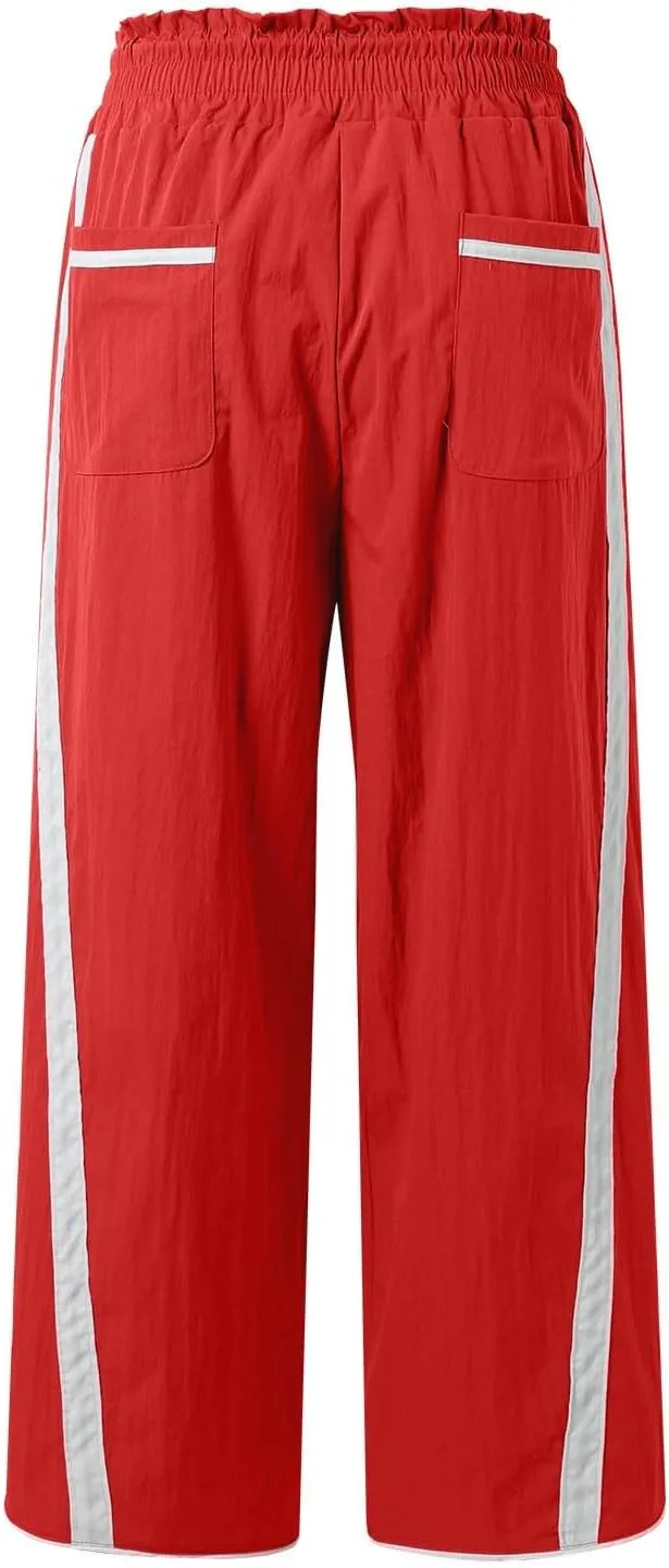Sweatpants Women Stripe Plus Size Drawstring High Waist Casual Palazzo Pants Straight Wide Leg Trousers with Pocket