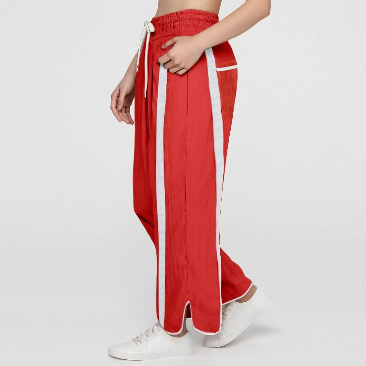 Sweatpants Women Stripe Plus Size Drawstring High Waist Casual Palazzo Pants Straight Wide Leg Trousers with Pocket