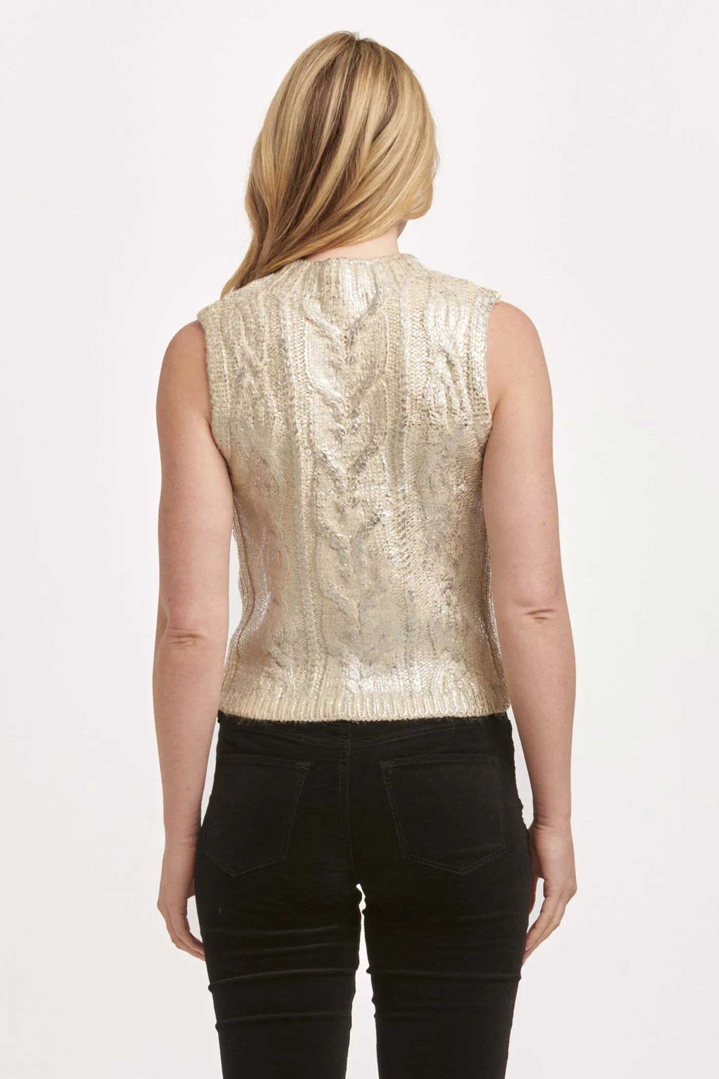 TATIANA CREW NECK SLEEVELESS FITTED SWEATER IVORY WITH SILVER