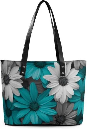 Teal Turquoise And Gray Daisies Women Soft Leather Handbags Tote Purses Shoulder Bucket Bags