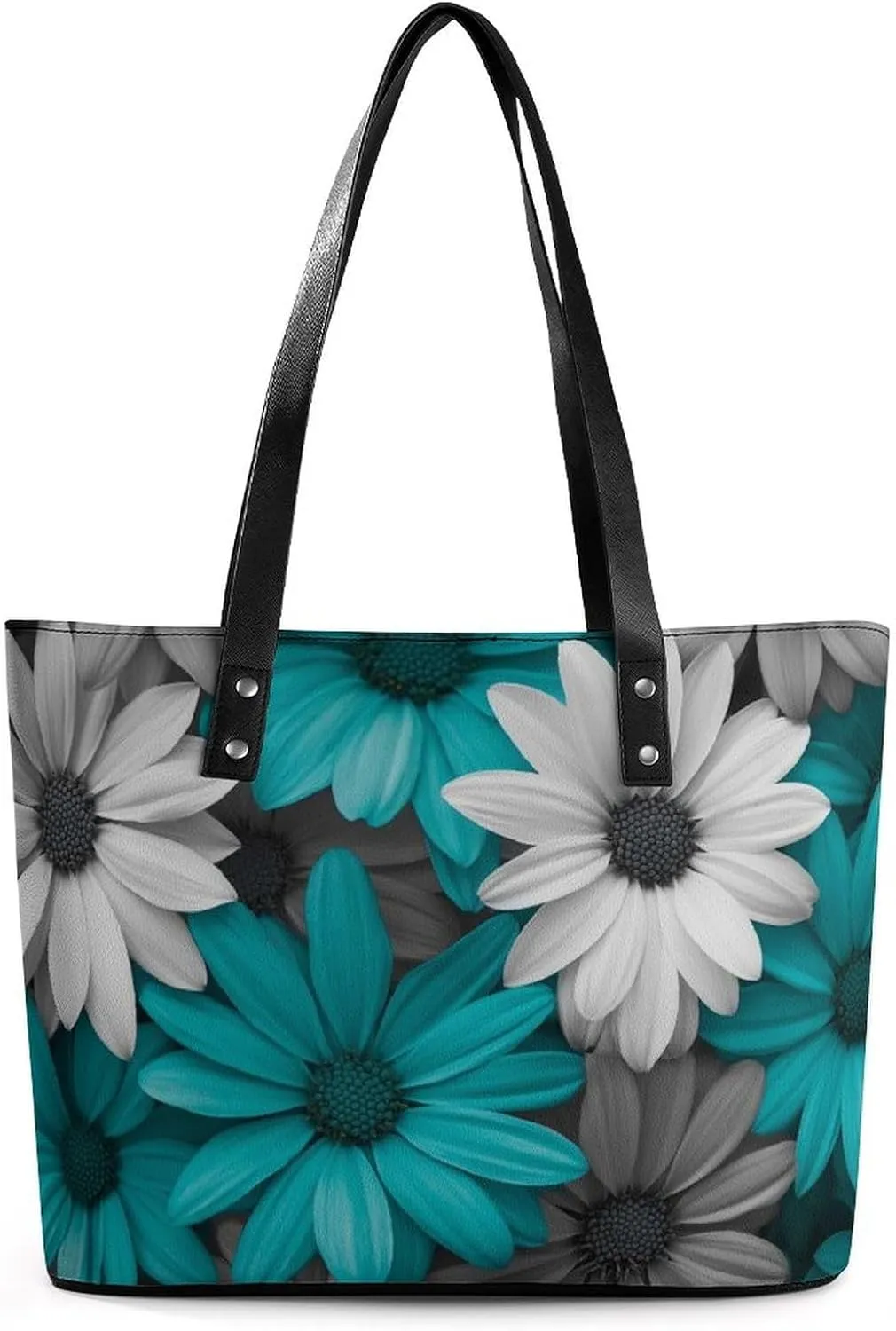 Teal Turquoise And Gray Daisies Women Soft Leather Handbags Tote Purses Shoulder Bucket Bags