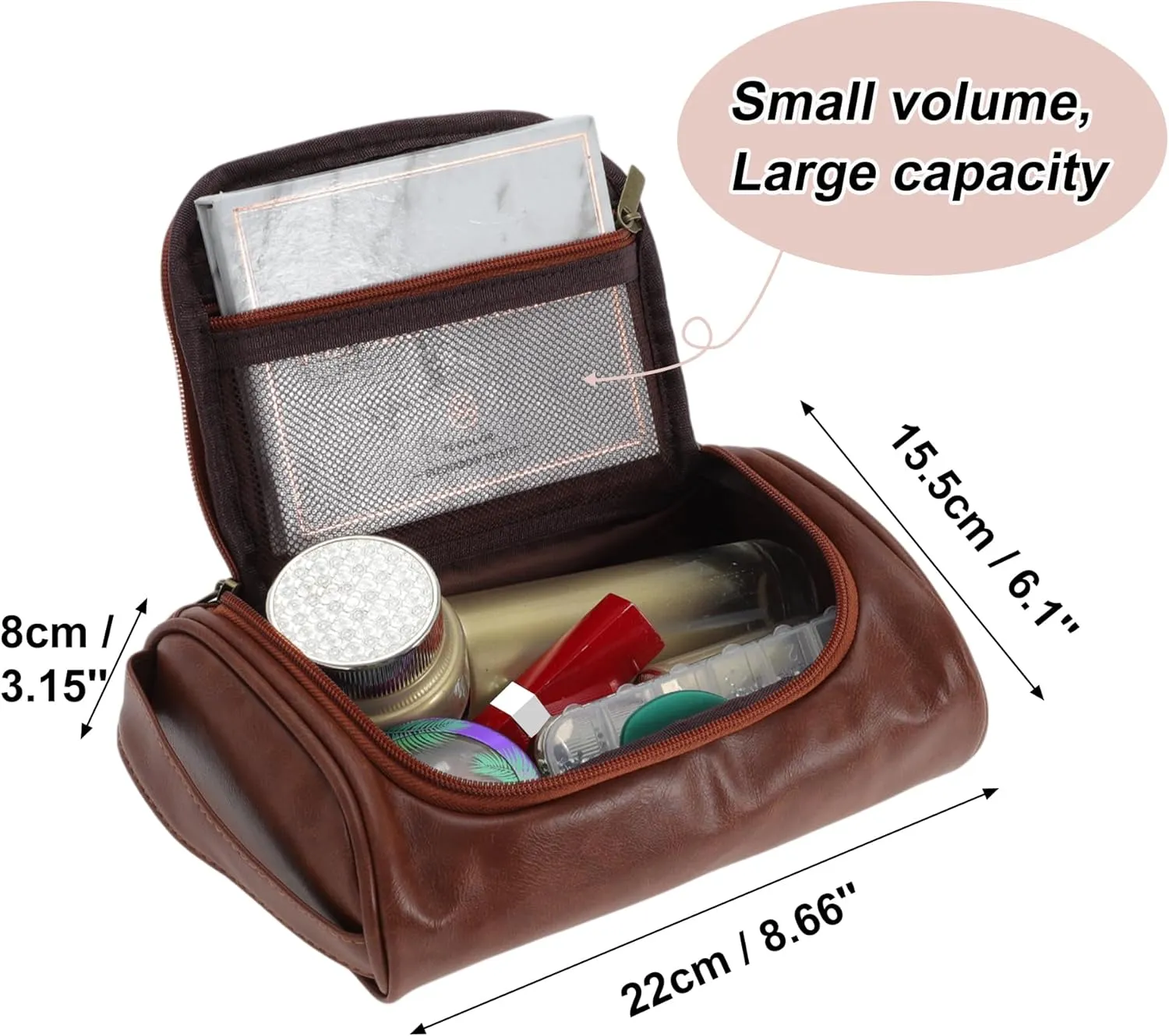 Toiletry Bag, PU Travel Cosmetic Bag for Women, Travel Organizer Bags, Waterproof and Durable Make Up Bag with Compartments, Brown