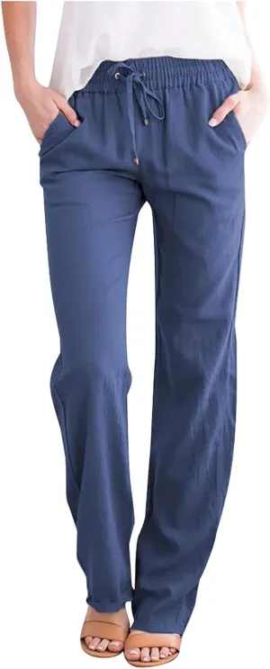 tuduoms Women Linen Casual Pants Summer Fashion Solid Elastic High Wasited Straight Pants Comfy Beach Trousers with Pockets