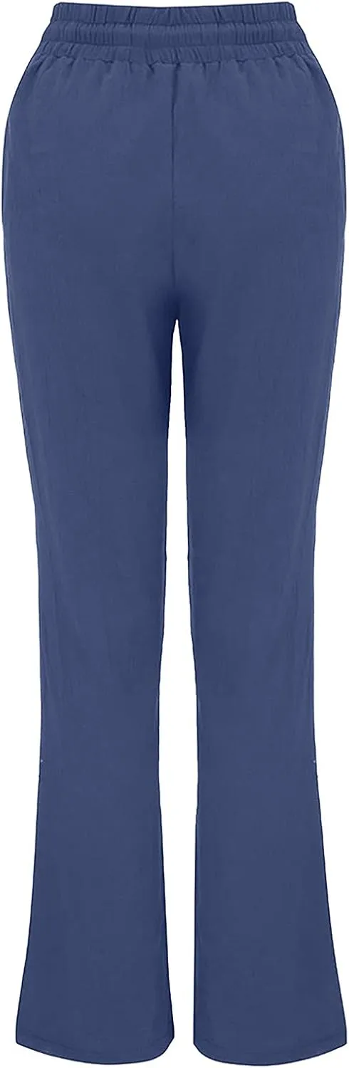 tuduoms Women Linen Casual Pants Summer Fashion Solid Elastic High Wasited Straight Pants Comfy Beach Trousers with Pockets