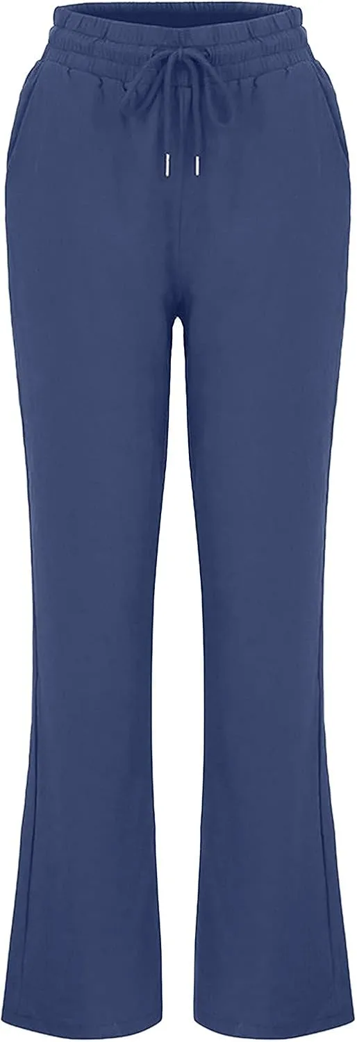 tuduoms Women Linen Casual Pants Summer Fashion Solid Elastic High Wasited Straight Pants Comfy Beach Trousers with Pockets