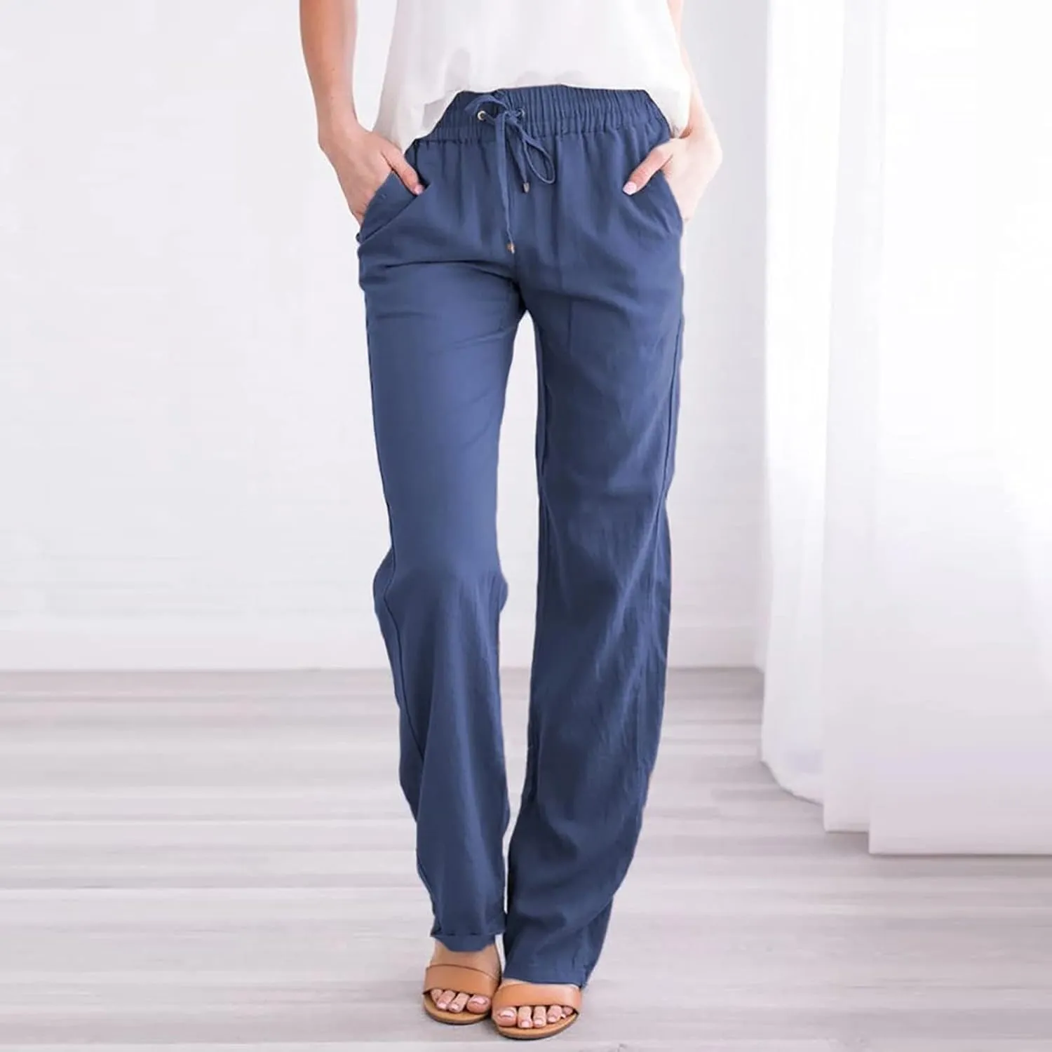 tuduoms Women Linen Casual Pants Summer Fashion Solid Elastic High Wasited Straight Pants Comfy Beach Trousers with Pockets