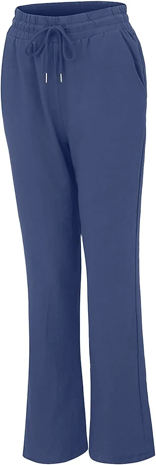 tuduoms Women Linen Casual Pants Summer Fashion Solid Elastic High Wasited Straight Pants Comfy Beach Trousers with Pockets