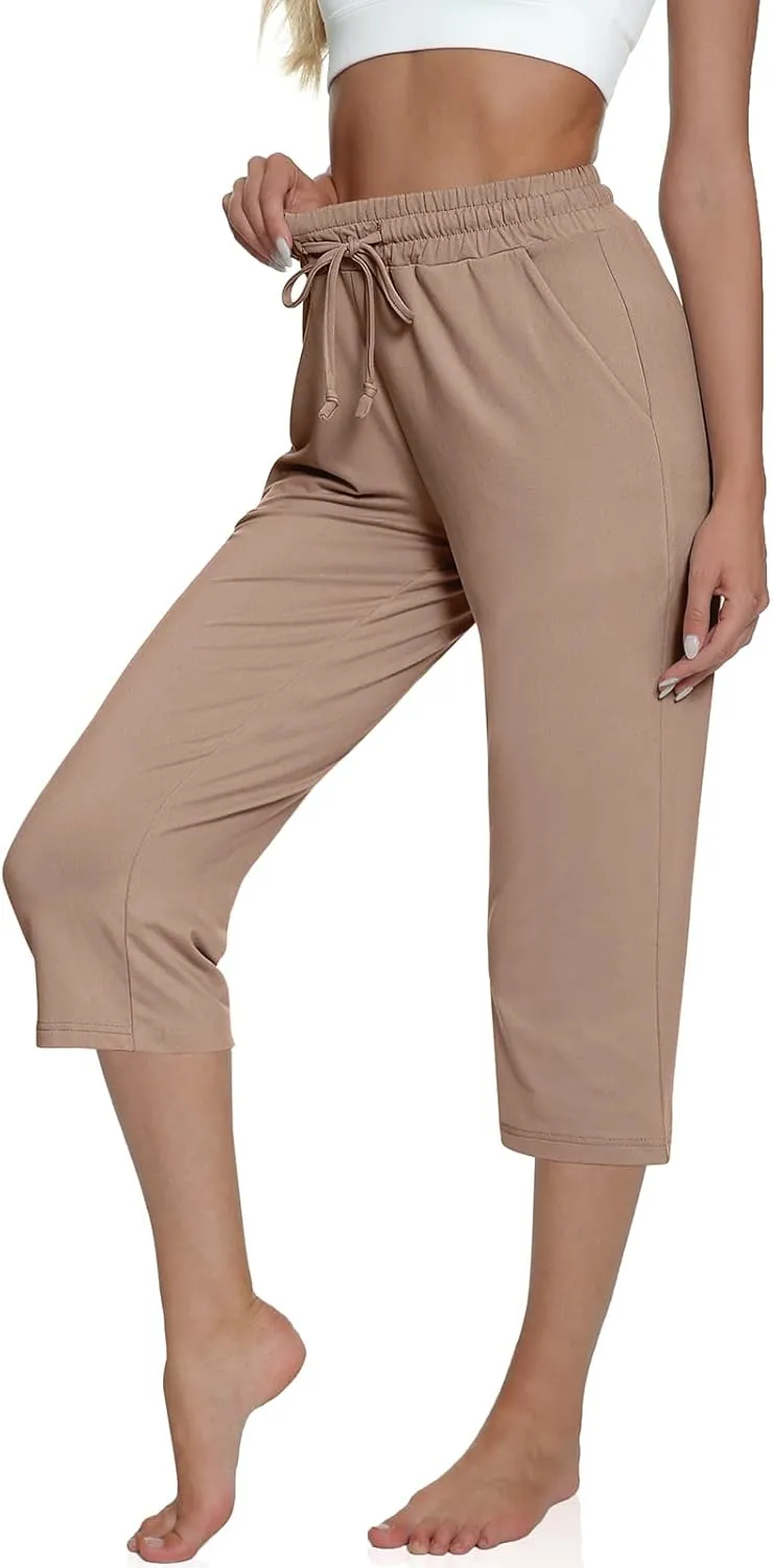 UEU Women's Comfy Drawstring Yoga Capri Pants Loose Workout Sweatpants Wide Leg Lounge Pants with Pockets