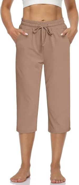 UEU Women's Comfy Drawstring Yoga Capri Pants Loose Workout Sweatpants Wide Leg Lounge Pants with Pockets