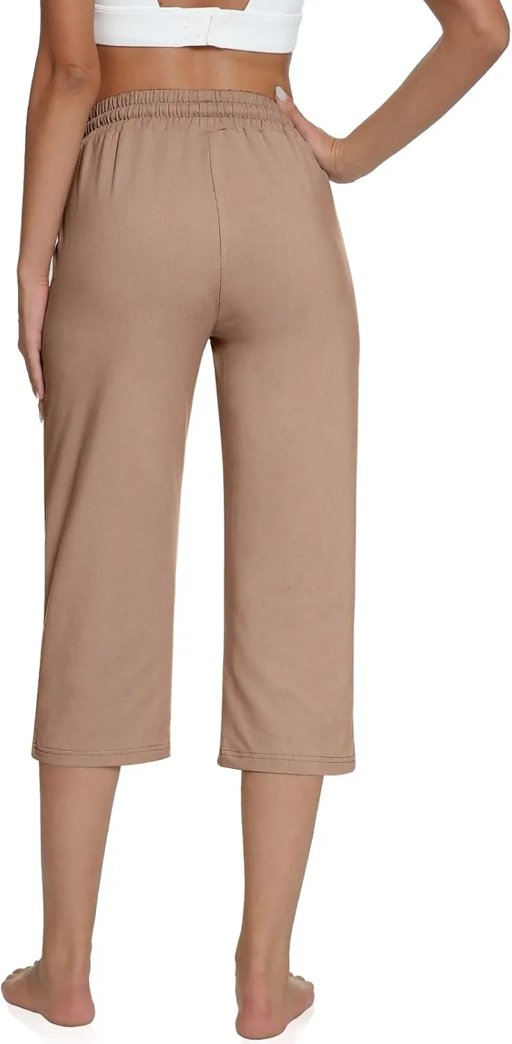UEU Women's Comfy Drawstring Yoga Capri Pants Loose Workout Sweatpants Wide Leg Lounge Pants with Pockets
