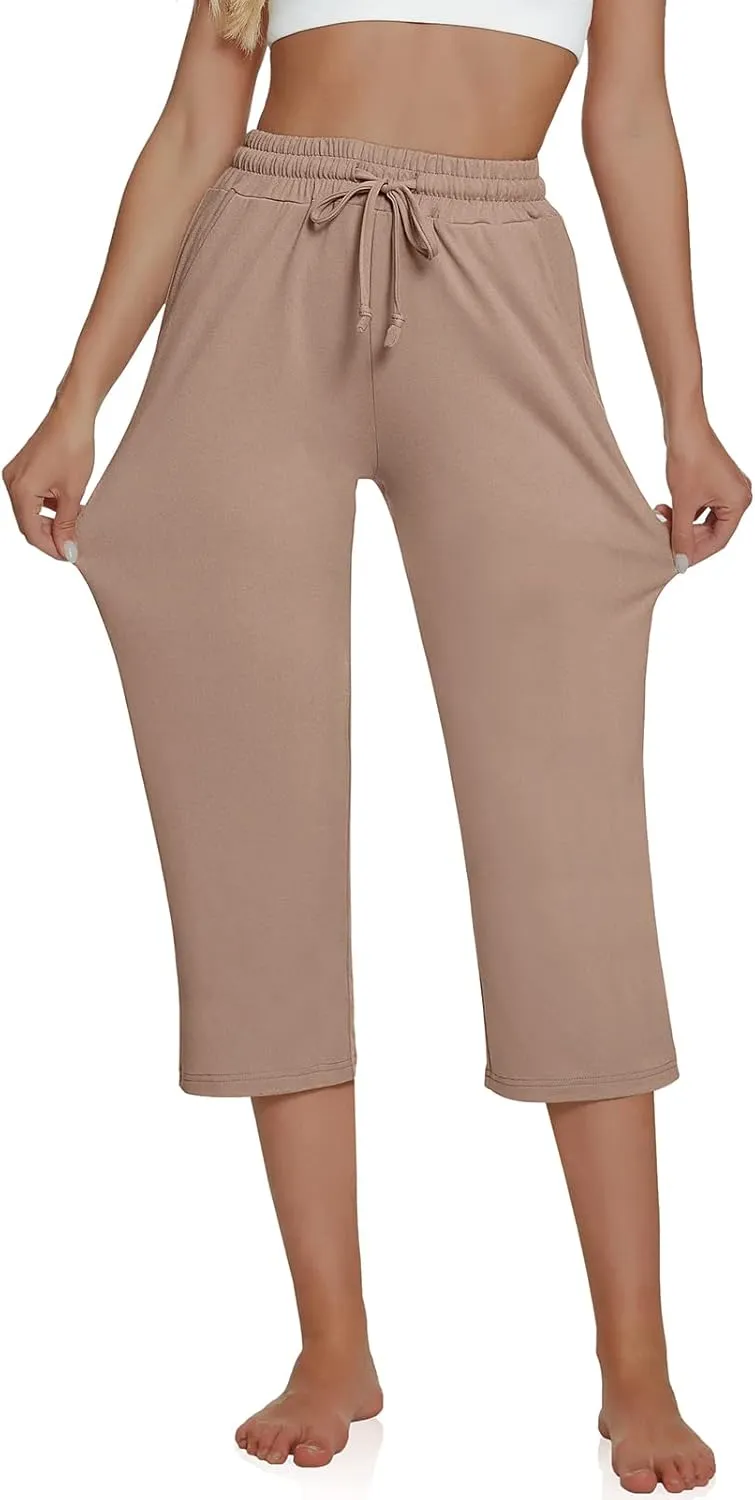 UEU Women's Comfy Drawstring Yoga Capri Pants Loose Workout Sweatpants Wide Leg Lounge Pants with Pockets