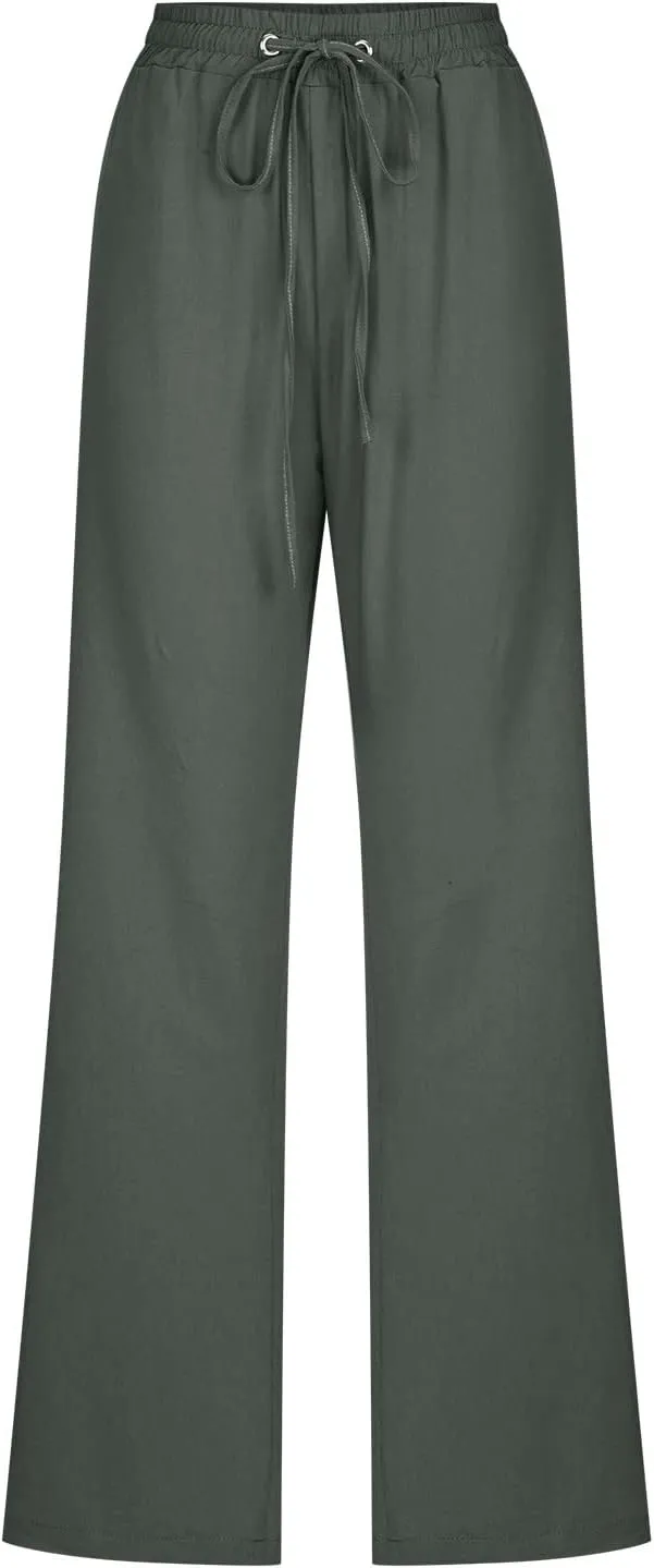 Uillui Work Pants for Women Casual Lightweight Elastic Waist Straight Trousers Summer Loose Cotton Linen Slacks with Pockets