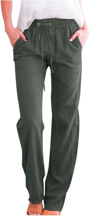 Uillui Work Pants for Women Casual Lightweight Elastic Waist Straight Trousers Summer Loose Cotton Linen Slacks with Pockets