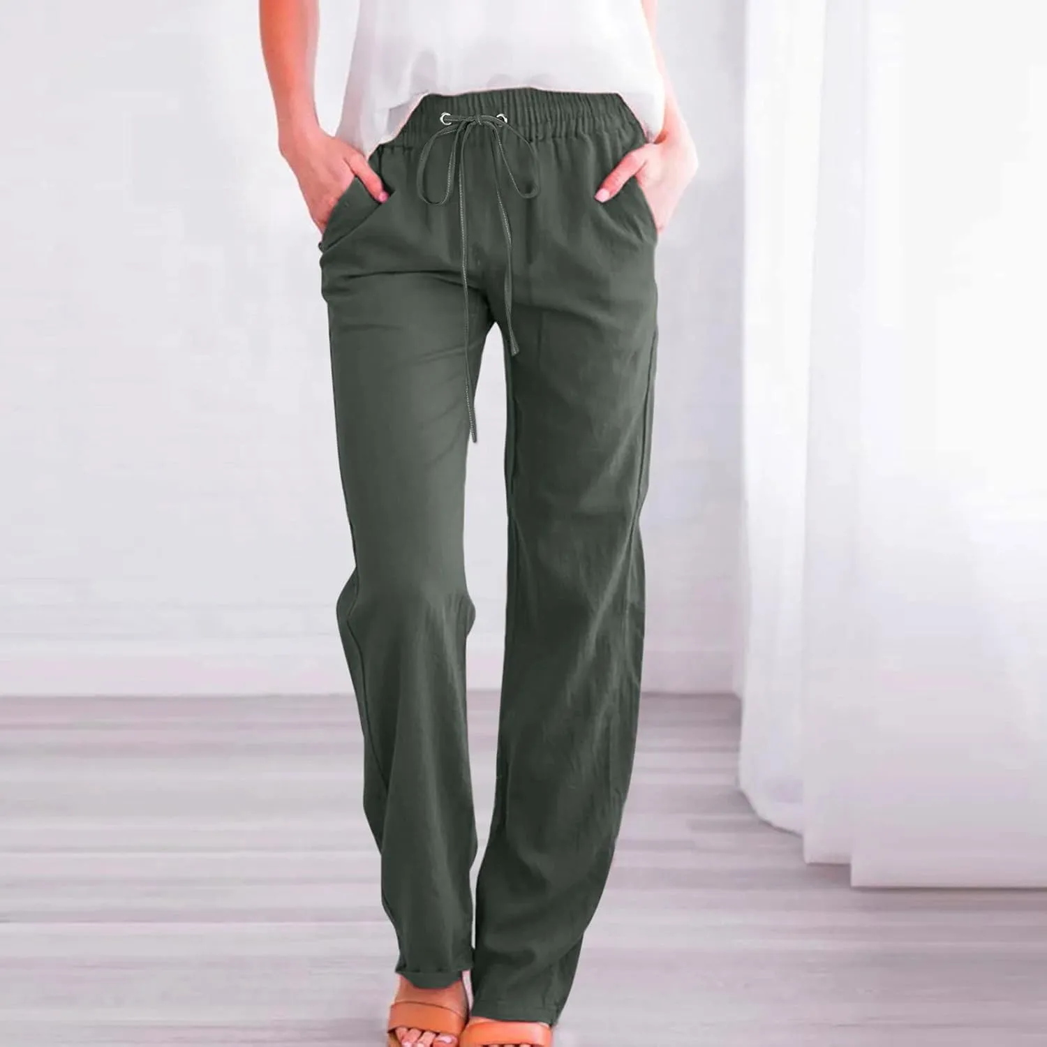 Uillui Work Pants for Women Casual Lightweight Elastic Waist Straight Trousers Summer Loose Cotton Linen Slacks with Pockets