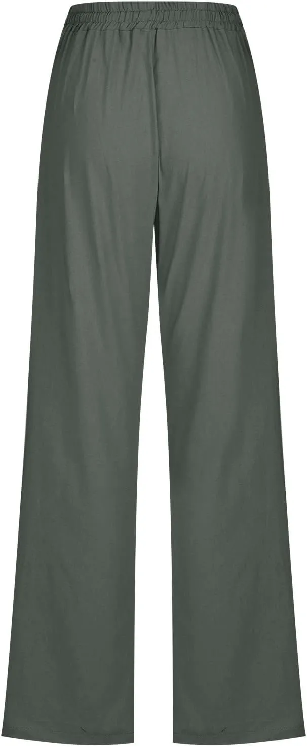Uillui Work Pants for Women Casual Lightweight Elastic Waist Straight Trousers Summer Loose Cotton Linen Slacks with Pockets