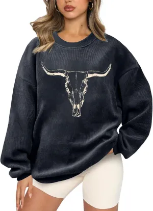 UNIQUEONE Boho Cow Skull Sweatshirt Women Cowgirl Shirt Rodeo Western Country Concert Outfits Nashville Graphic Pullover Tops