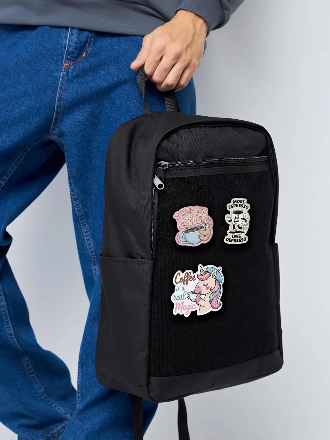 Unisex One Size Large Black Backpack with Sticker Area  Ideal for Laptop, Travel & Work (Coffe Lover Patches)