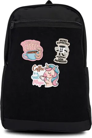 Unisex One Size Large Black Backpack with Sticker Area  Ideal for Laptop, Travel & Work (Coffe Lover Patches)