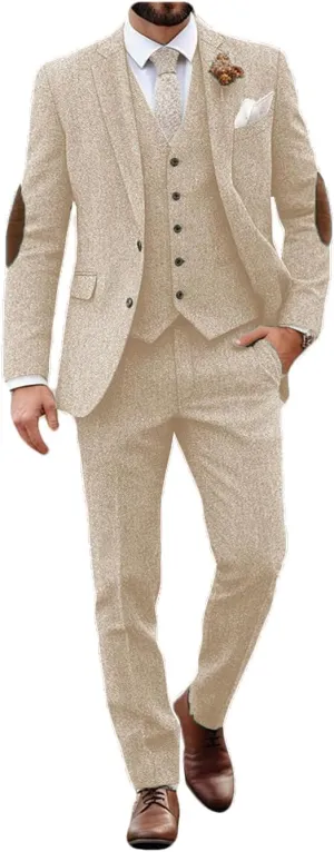 VENNYNG Mens Tweed Blazer Suit Wedding Groom Suit Vintage Jacket with Elbow Patches Men