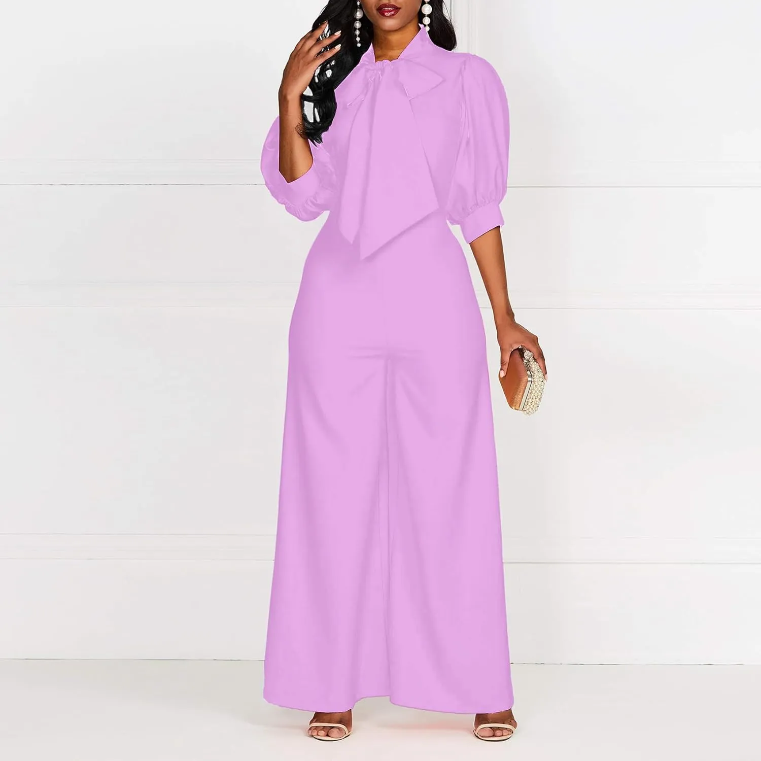 VERWIN Plain Dressy Full Length Bowknot Women's Jumpsuit High Waist Woman Romper