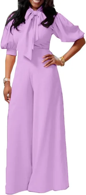 VERWIN Plain Dressy Full Length Bowknot Women's Jumpsuit High Waist Woman Romper