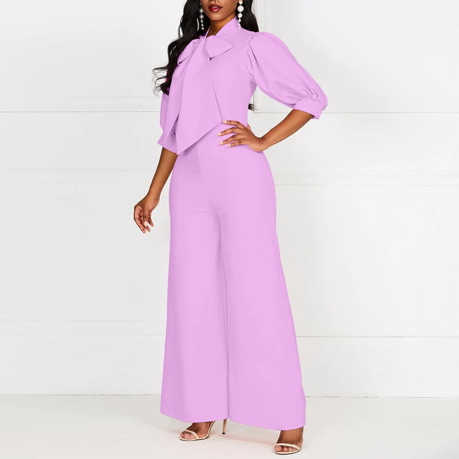 VERWIN Plain Dressy Full Length Bowknot Women's Jumpsuit High Waist Woman Romper