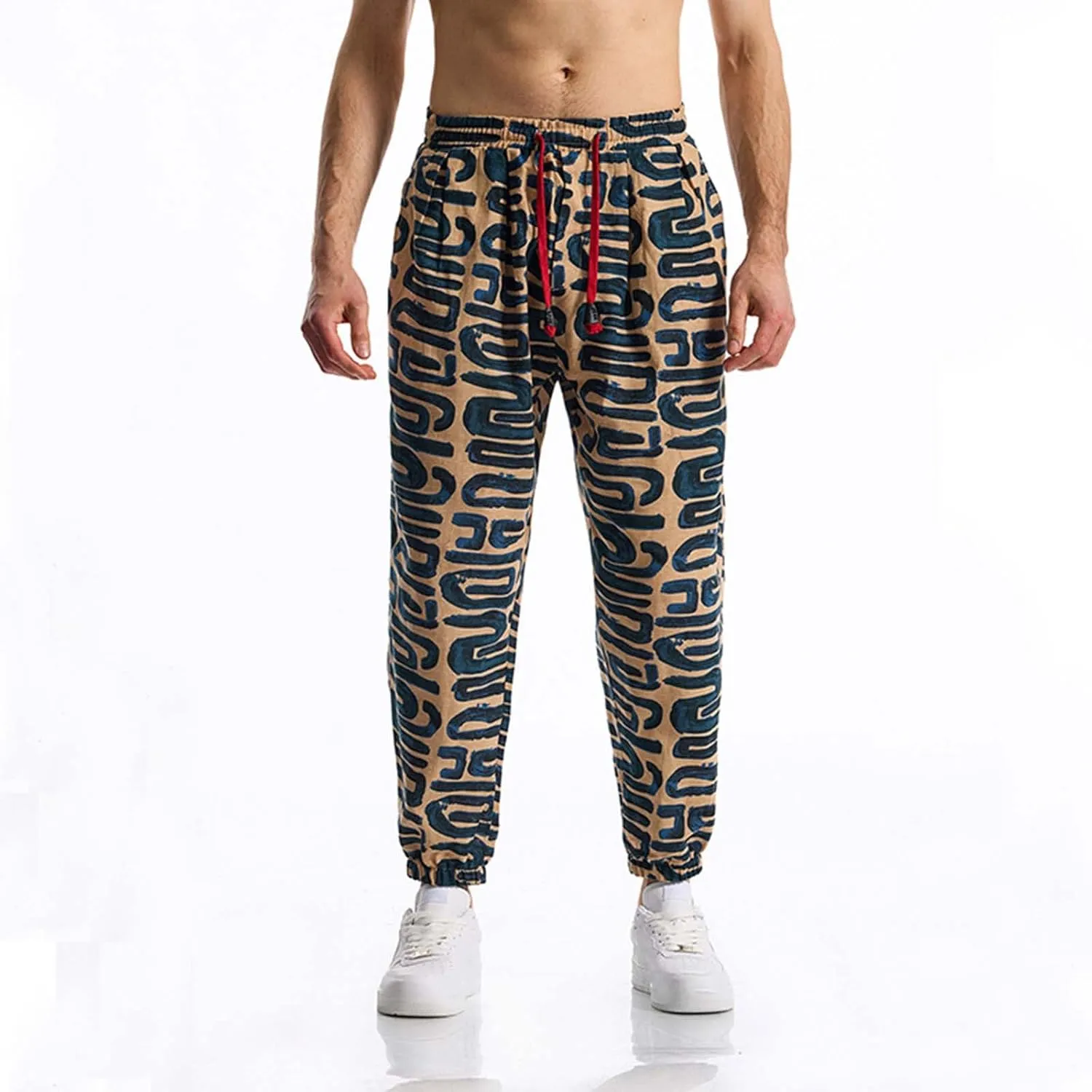 Vintage Ethnic Print Linen Harem Pants for Men Drawstring Casual Streetwear Hippie Yoga Pants with Pockets