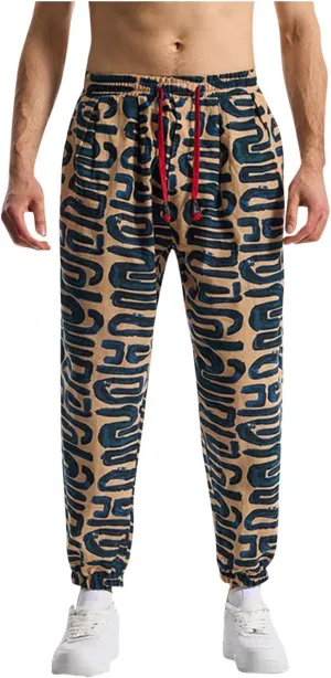 Vintage Ethnic Print Linen Harem Pants for Men Drawstring Casual Streetwear Hippie Yoga Pants with Pockets