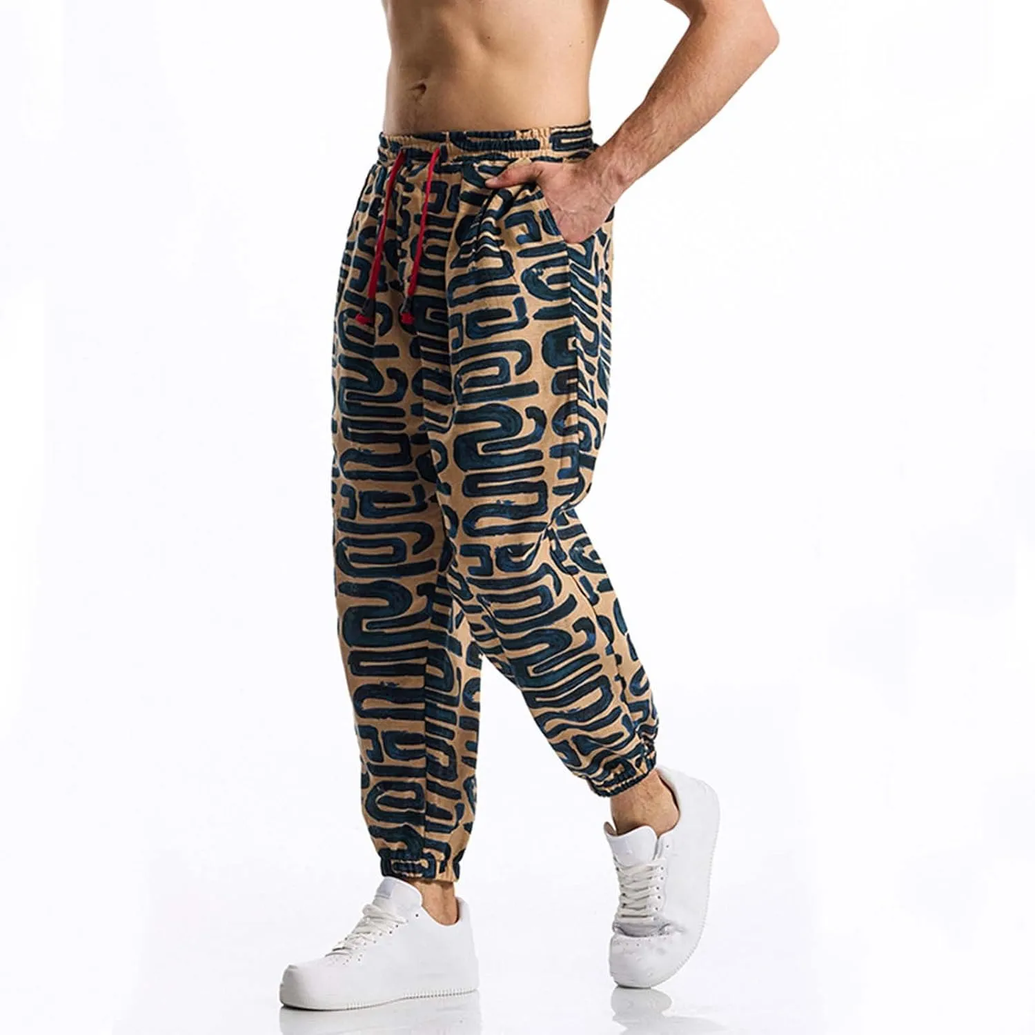 Vintage Ethnic Print Linen Harem Pants for Men Drawstring Casual Streetwear Hippie Yoga Pants with Pockets