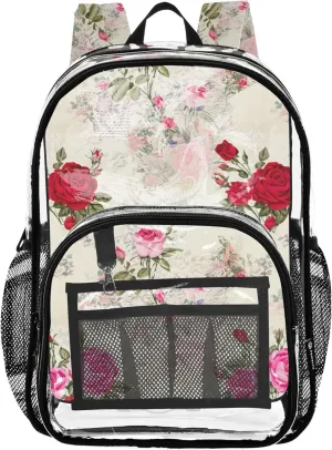 Vintage Floral Pink Red Roses Clear Bag for Women Travel Kids Girls Backpack Boys Clear School Shoulder Bag