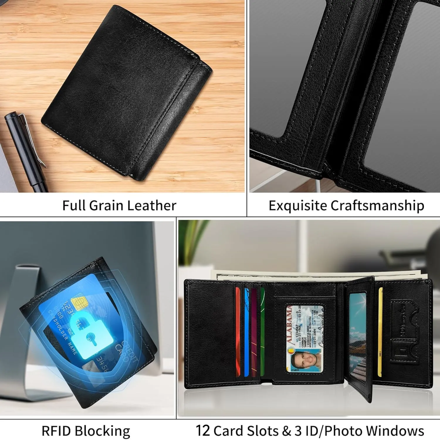 Wallet for Men Trifold RFID Blocking Credit Card Holder, Leather Compact Large Capacity Minimalist Mens Wallet Money Clip with ID Window 10 Credit Card Slots