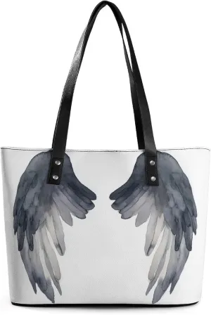 Watercolor Black Angel Wings Women Soft Leather Handbags Tote Purses Shoulder Bucket Bags
