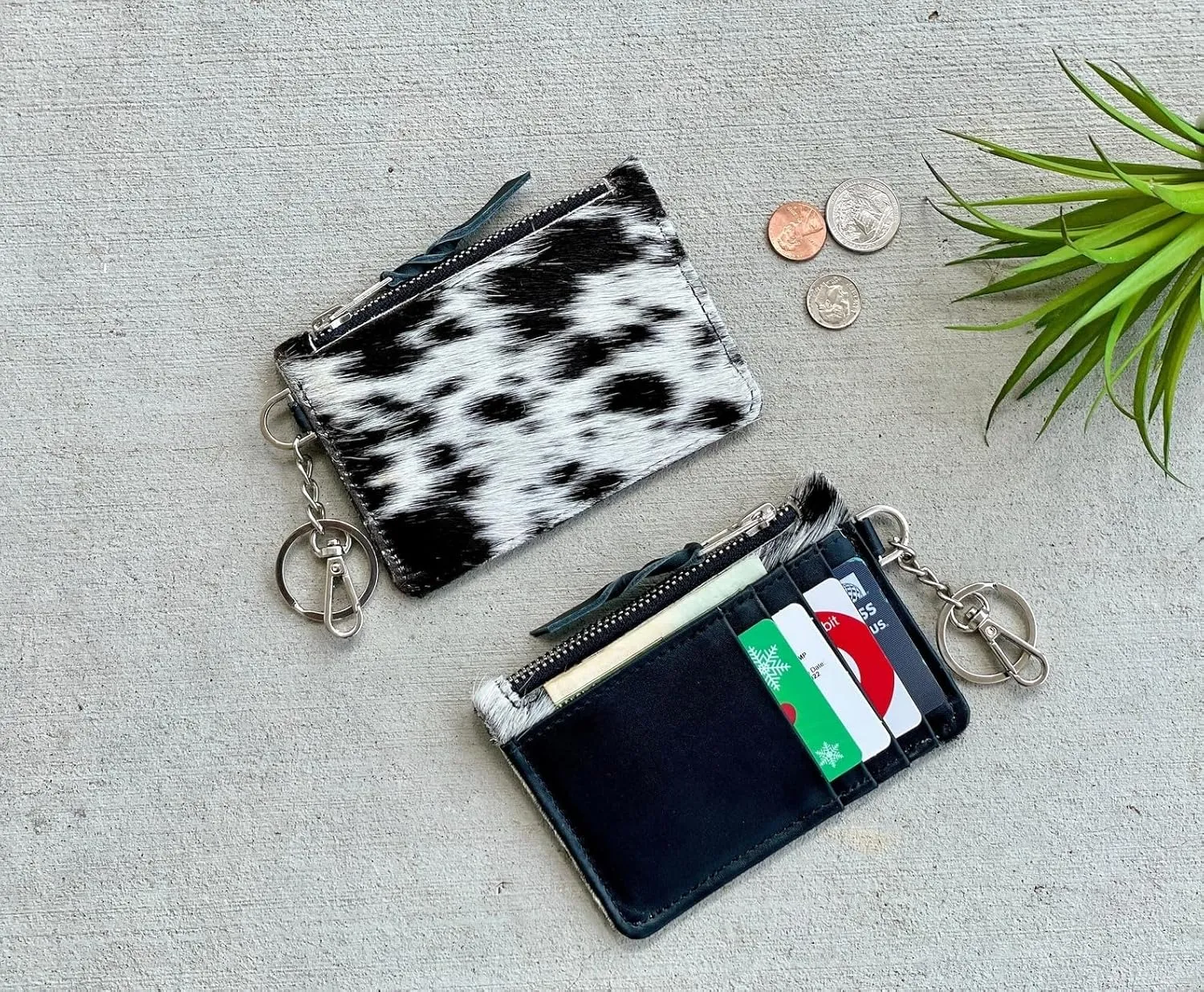 Western Cowhide Leather Wallet Keychain with Credit Card Holder and Coin Purse