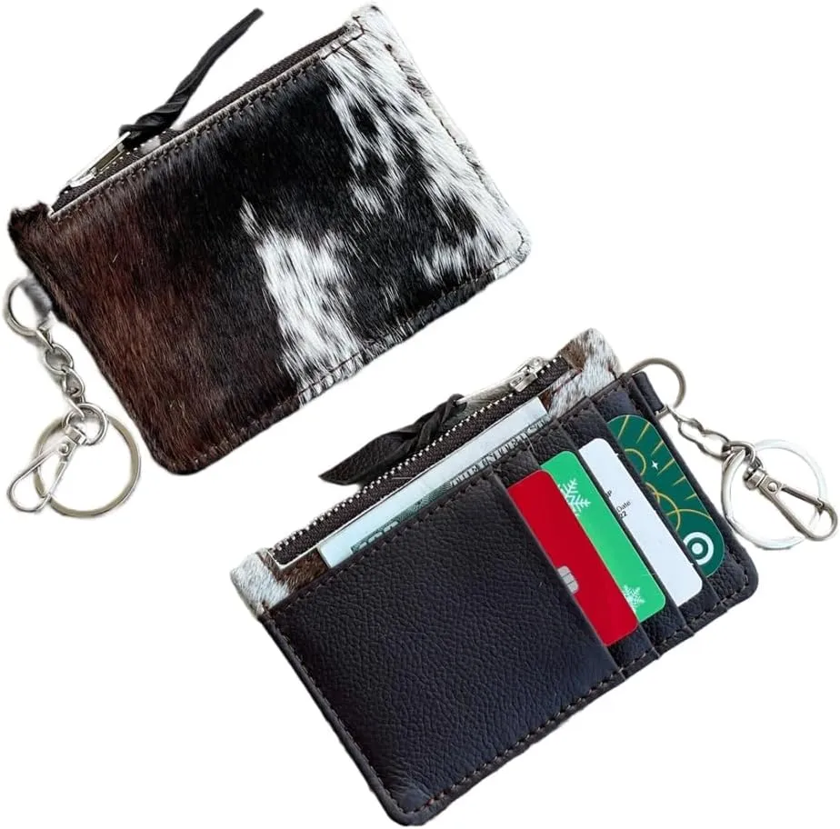 Western Cowhide Leather Wallet Keychain with Credit Card Holder and Coin Purse