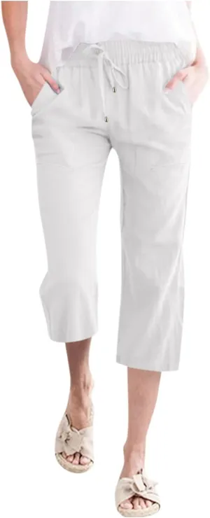Wide Leg Capris For Women Linen Casual 2024 Summer Drawstring Straight Leg Cropped Trouser Boho Fashion Lounge Pant