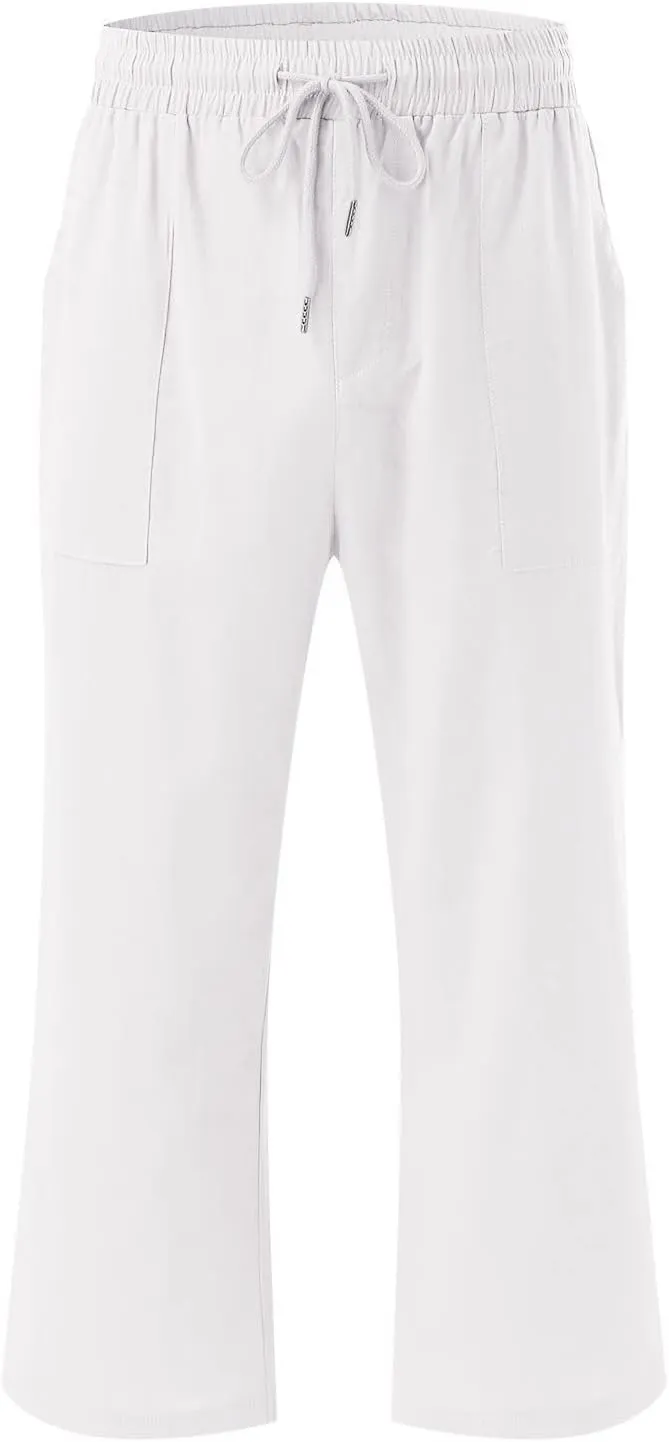 Wide Leg Capris For Women Linen Casual 2024 Summer Drawstring Straight Leg Cropped Trouser Boho Fashion Lounge Pant