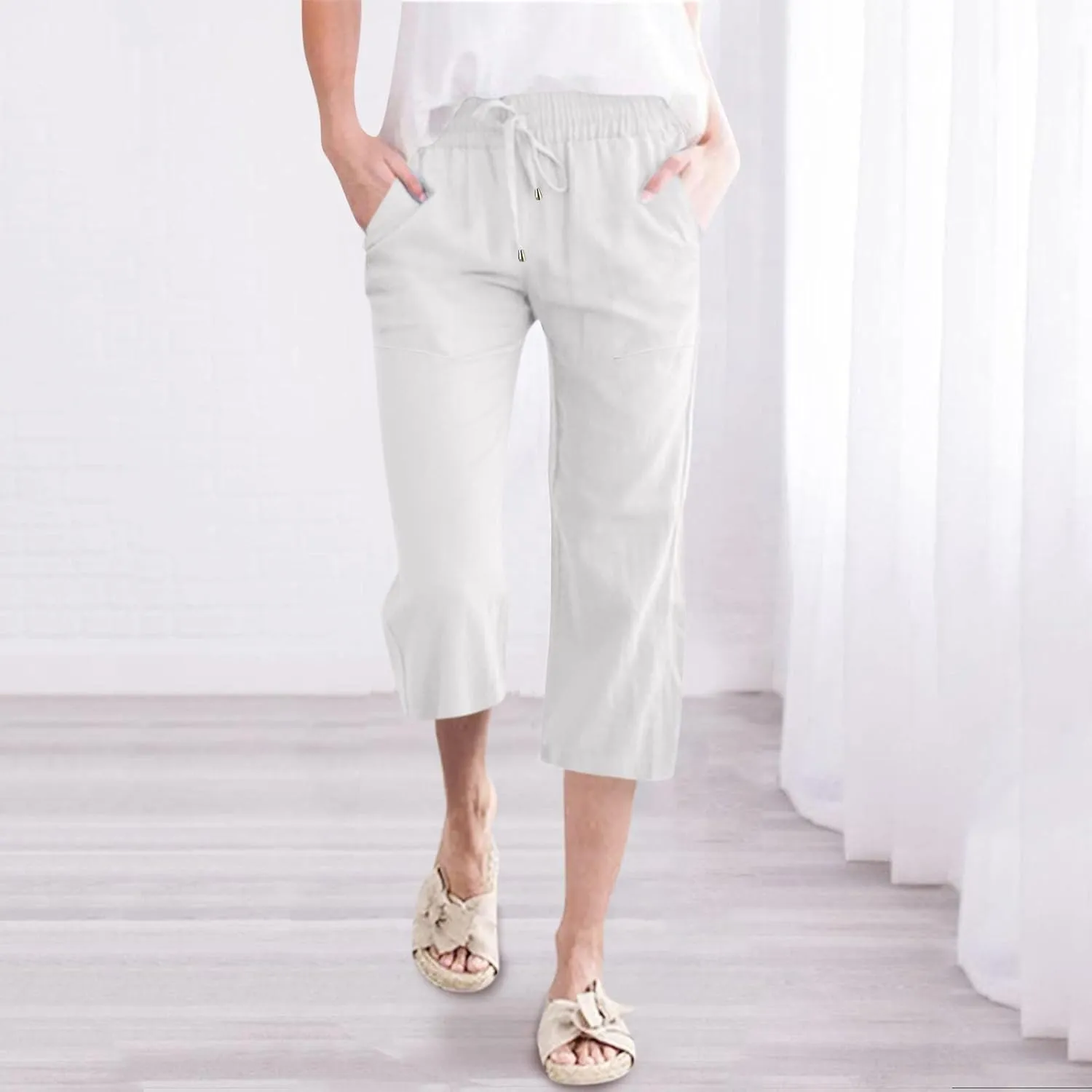 Wide Leg Capris For Women Linen Casual 2024 Summer Drawstring Straight Leg Cropped Trouser Boho Fashion Lounge Pant